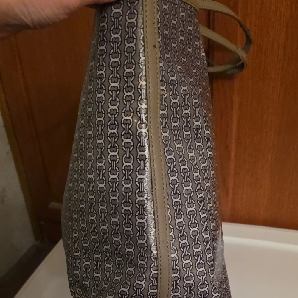 Tory Burch Gray Logo Canvas Tote with Center Stripe